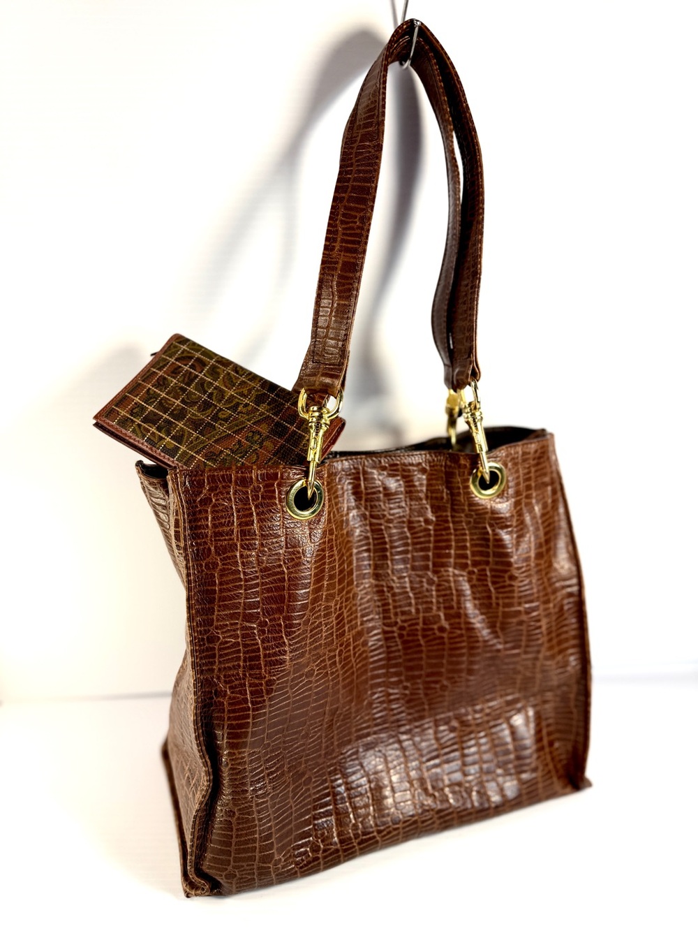 Brown Croc-Embossed Leather Tote Bag with Gold Hardware